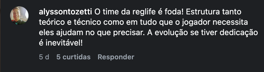 Comentário de @alyssontozetti sobre o time da Reg Life