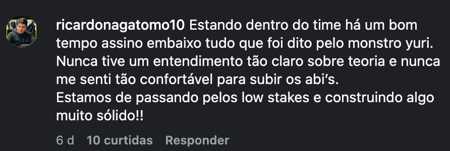 Comentário de @ricardonagatomo10 sobre o time da Reg Life